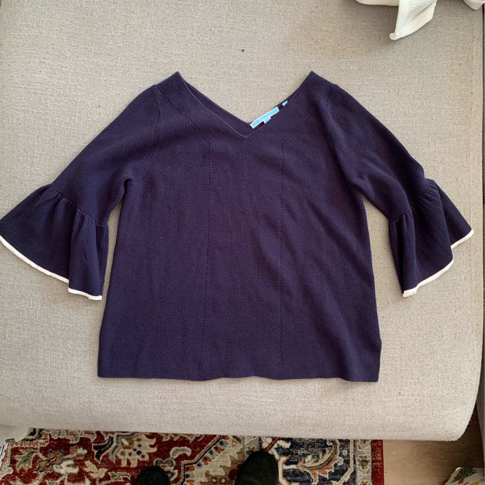 Draper James Navy V-Neck Sweater with White Accents